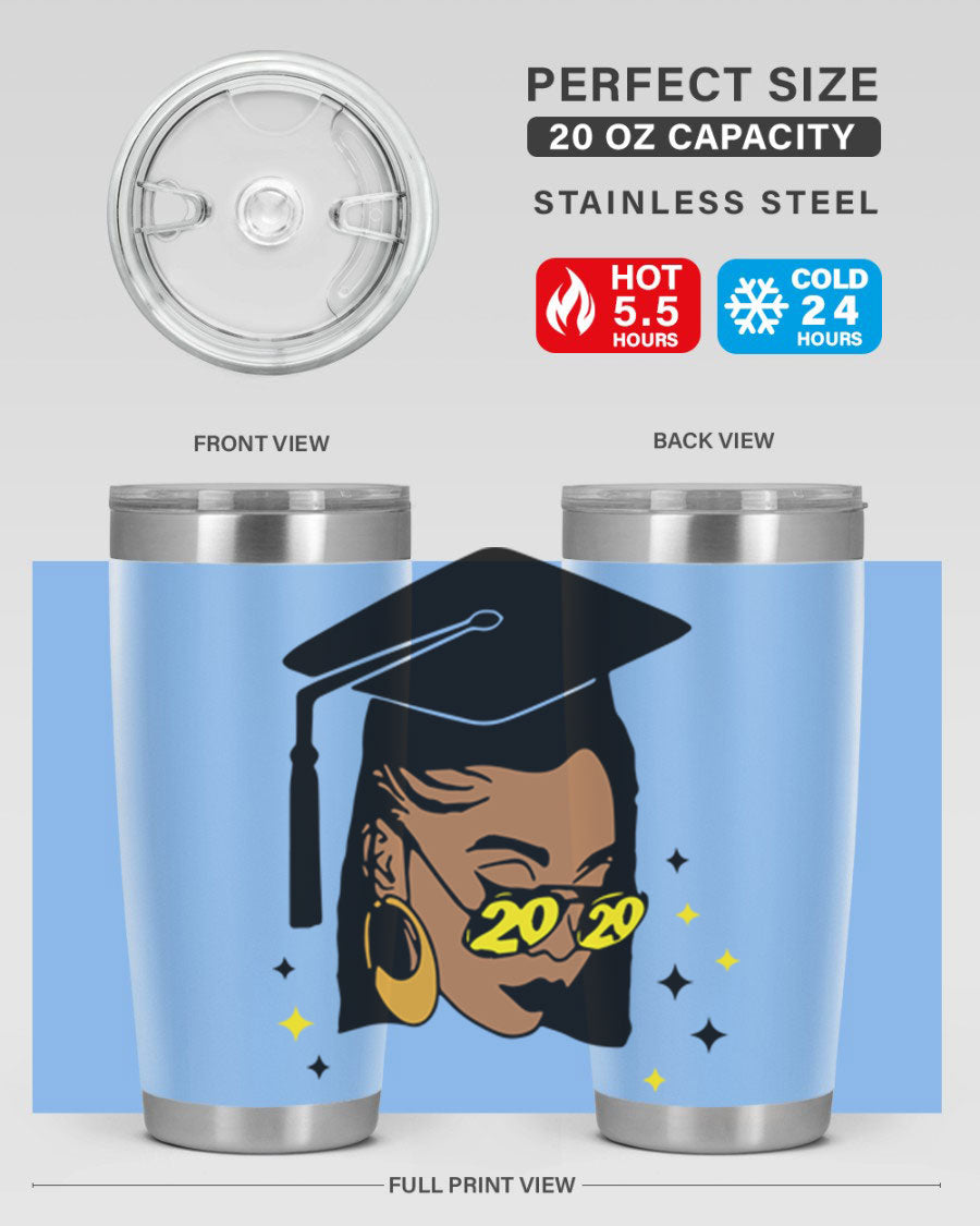 Black women queen tumbler in 20oz and 30oz sizes, showcasing double wall vacuum stainless steel design with vibrant print.