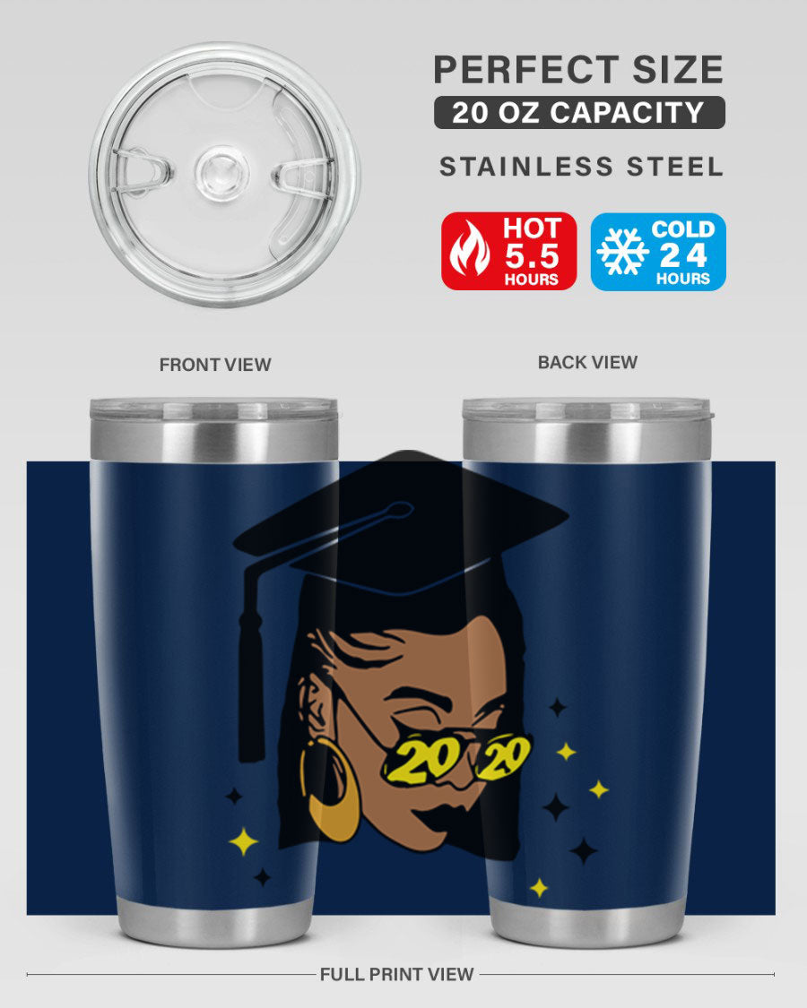 Black women queen tumbler in 20oz and 30oz sizes, showcasing double wall vacuum stainless steel design with vibrant print.