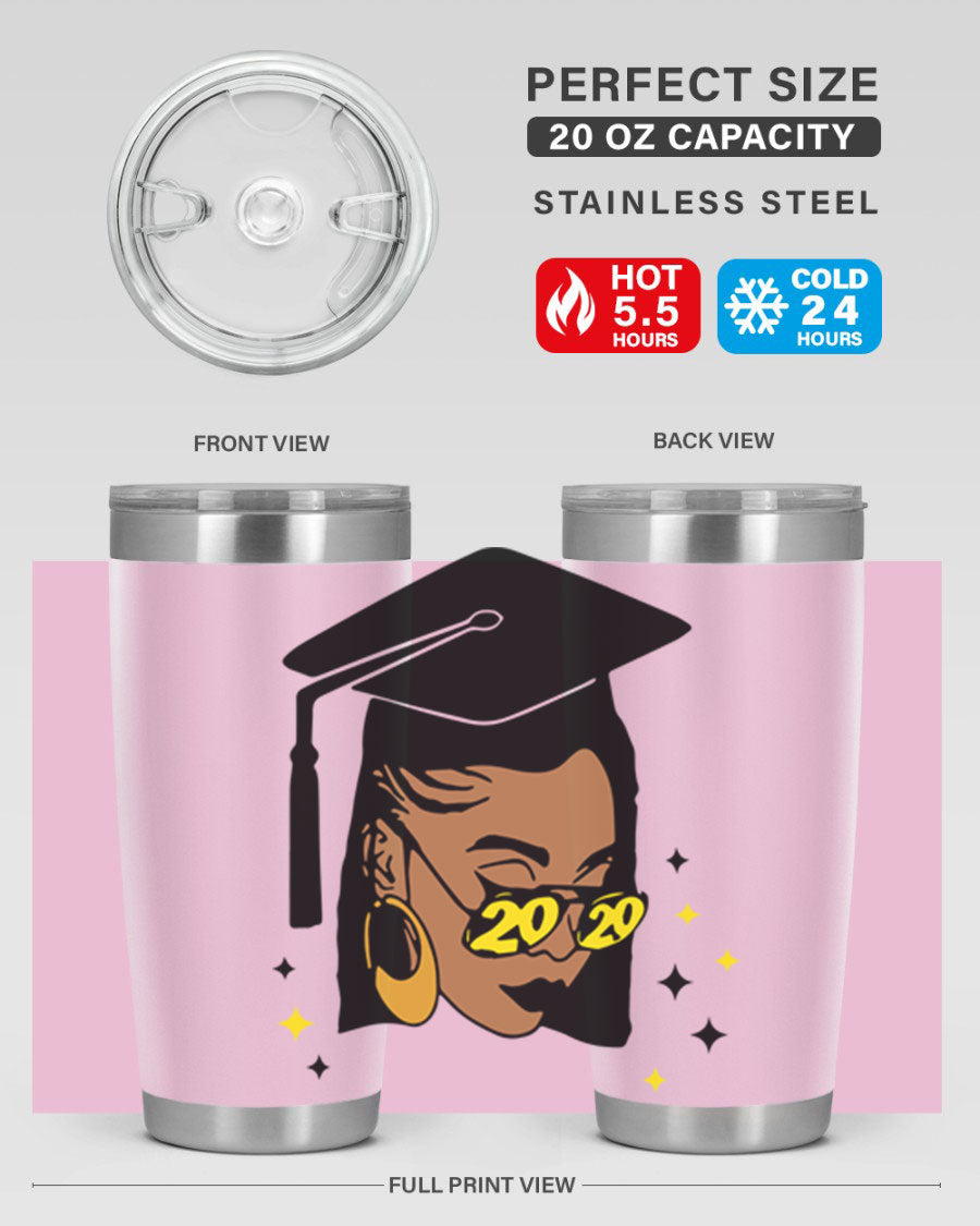 Black women queen tumbler in 20oz and 30oz sizes, showcasing double wall vacuum stainless steel design with vibrant print.