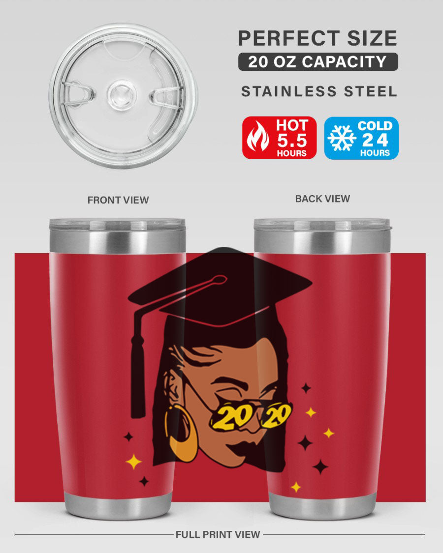 Black women queen tumbler in 20oz and 30oz sizes, showcasing double wall vacuum stainless steel design with vibrant print.