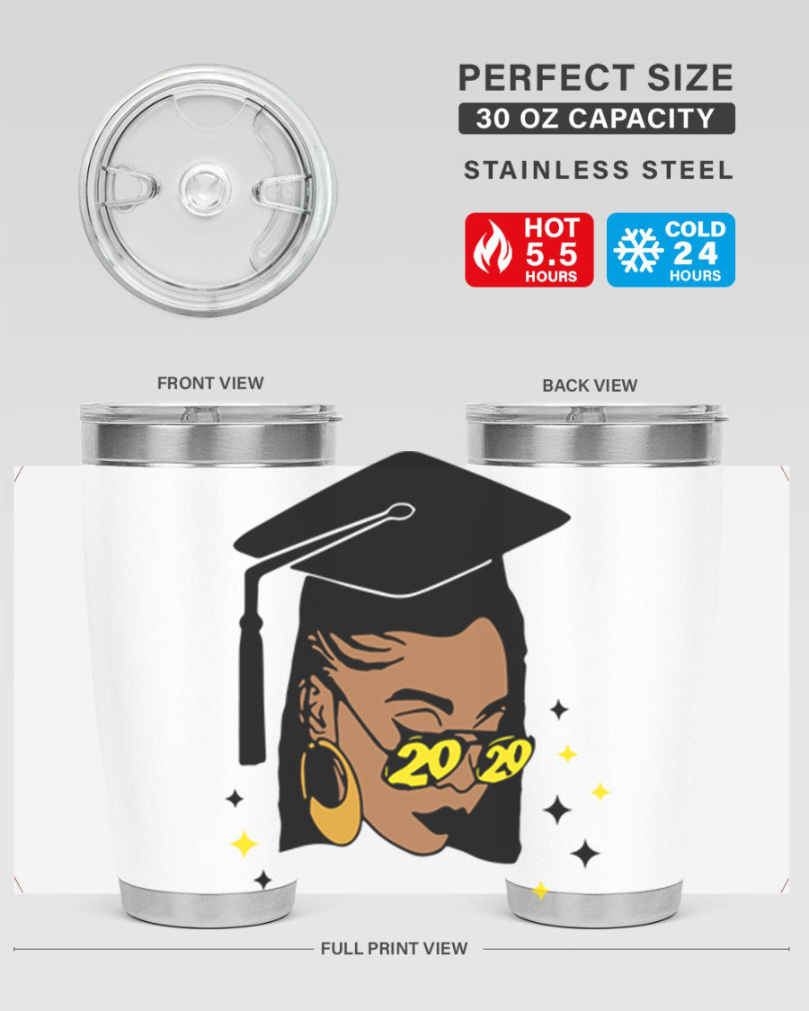 Black women queen tumbler in 20oz and 30oz sizes, showcasing double wall vacuum stainless steel design with vibrant print.