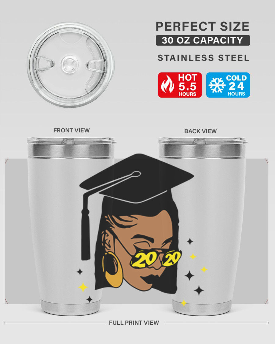 Black women queen tumbler in 20oz and 30oz sizes, showcasing double wall vacuum stainless steel design with vibrant print.