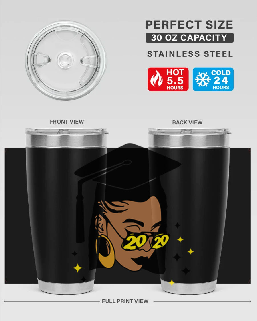 Black women queen tumbler in 20oz and 30oz sizes, showcasing double wall vacuum stainless steel design with vibrant print.