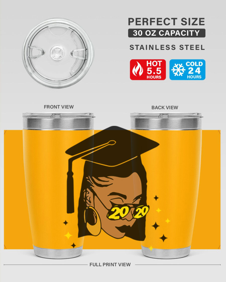 Black women queen tumbler in 20oz and 30oz sizes, showcasing double wall vacuum stainless steel design with vibrant print.