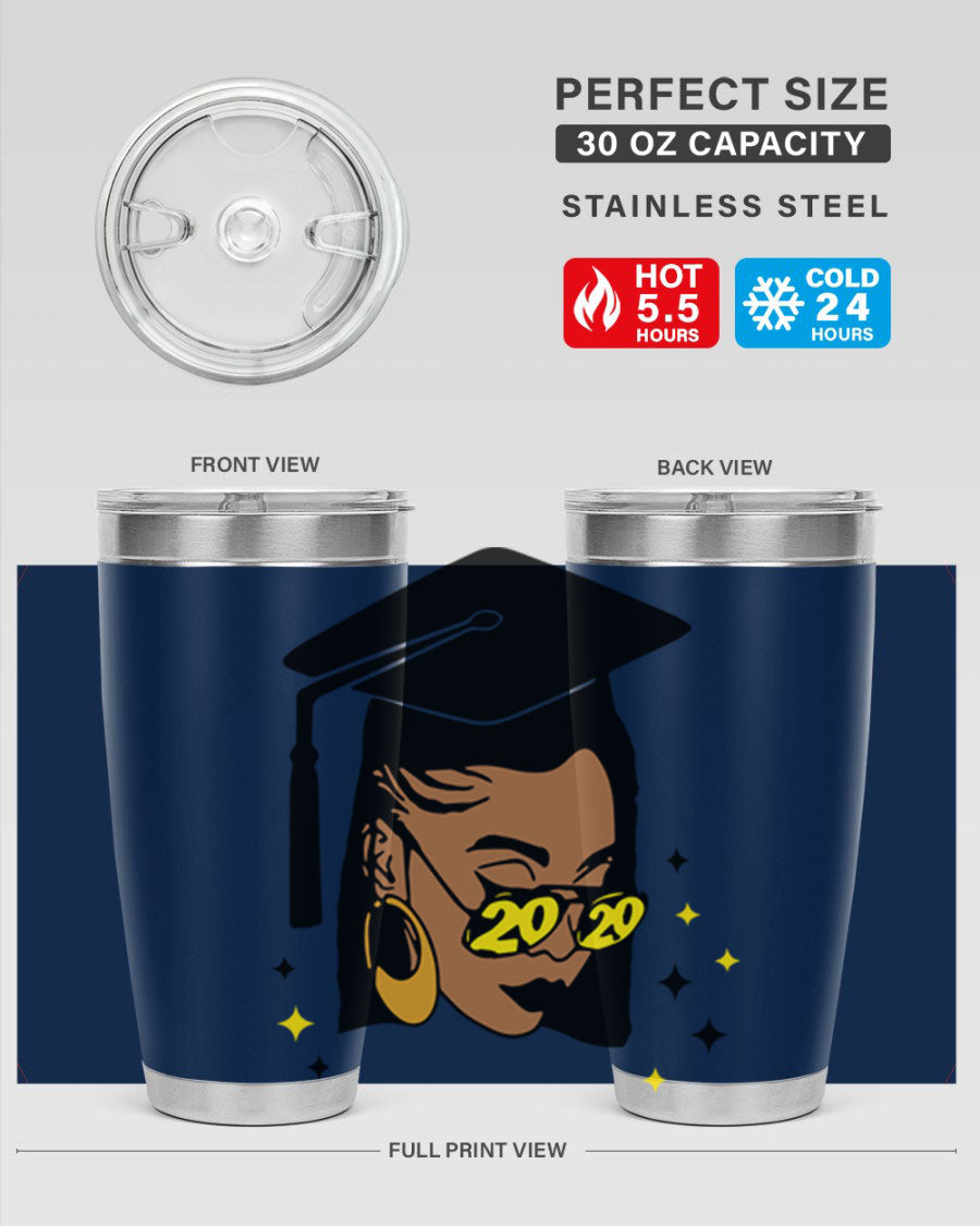 Black women queen tumbler in 20oz and 30oz sizes, showcasing double wall vacuum stainless steel design with vibrant print.