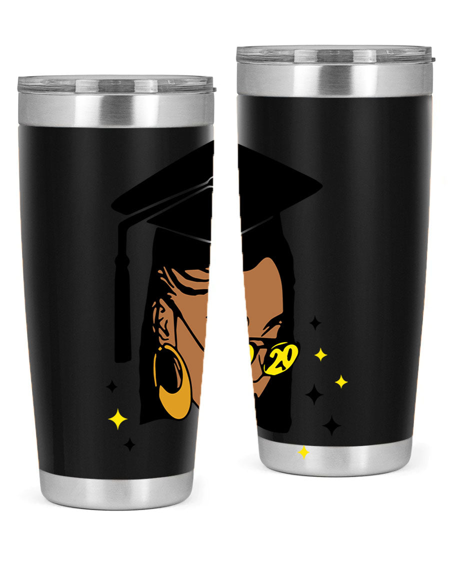 Black women queen tumbler in 20oz and 30oz sizes, showcasing double wall vacuum stainless steel design with vibrant print.