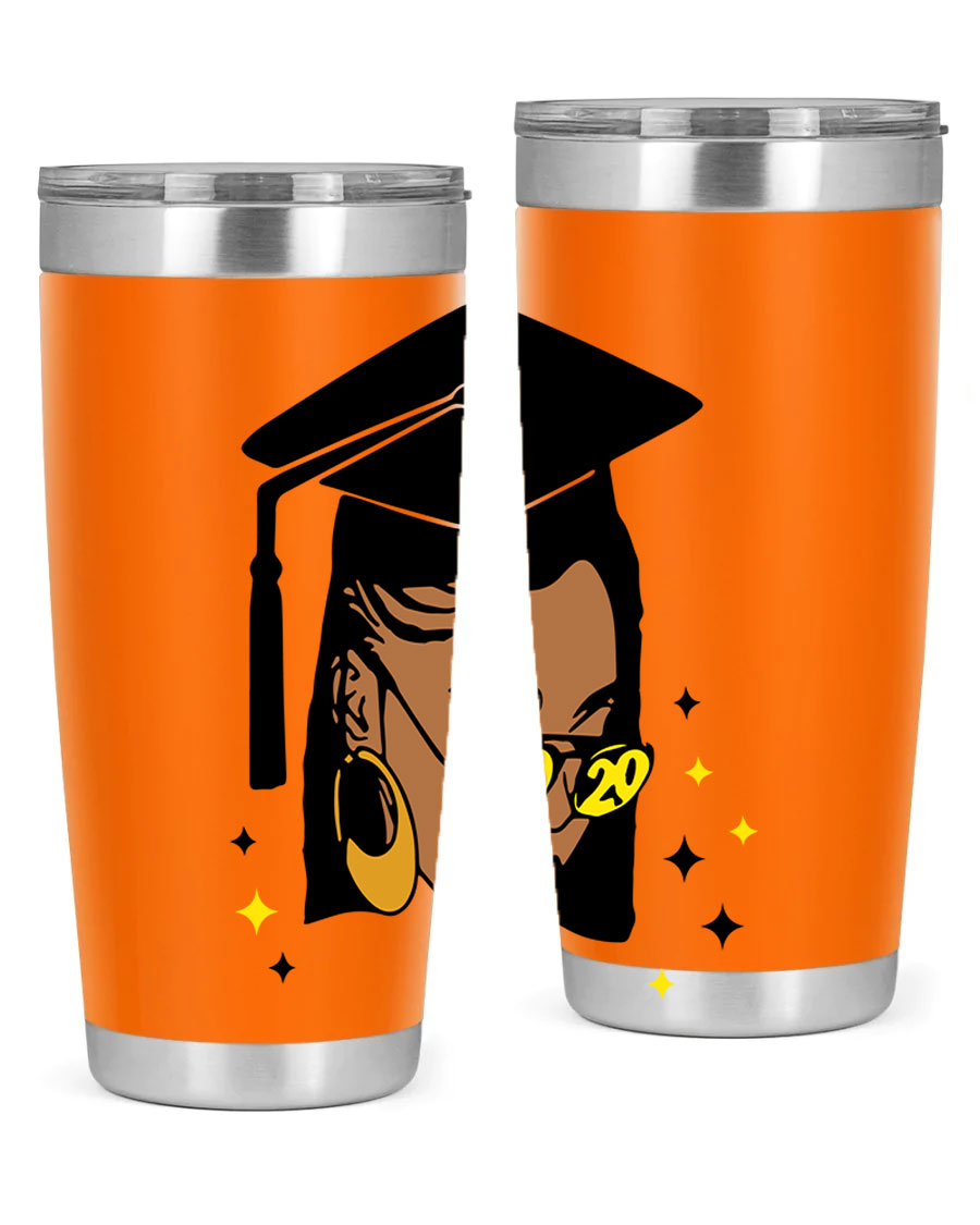 Black women queen tumbler in 20oz and 30oz sizes, showcasing double wall vacuum stainless steel design with vibrant print.