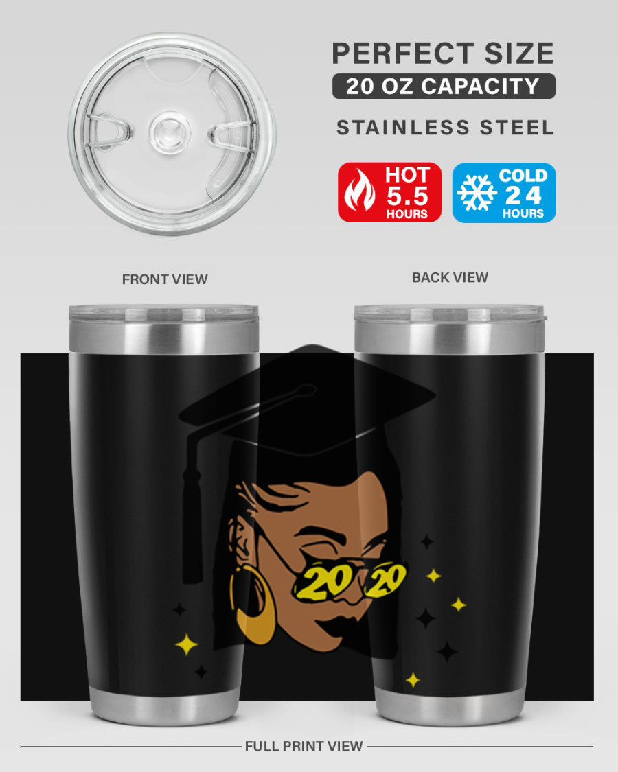 Black women queen tumbler in 20oz and 30oz sizes, showcasing double wall vacuum stainless steel design with vibrant print.