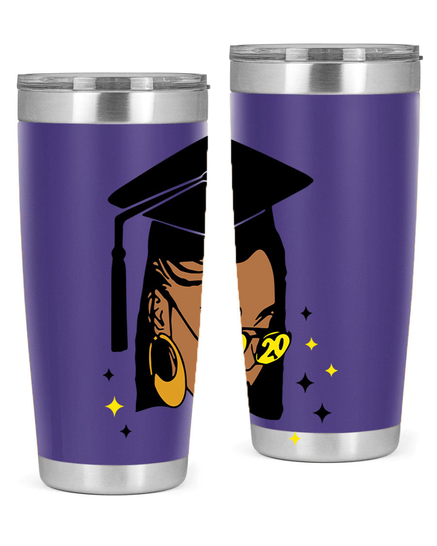 Black women queen tumbler in 20oz and 30oz sizes, showcasing double wall vacuum stainless steel design with vibrant print.