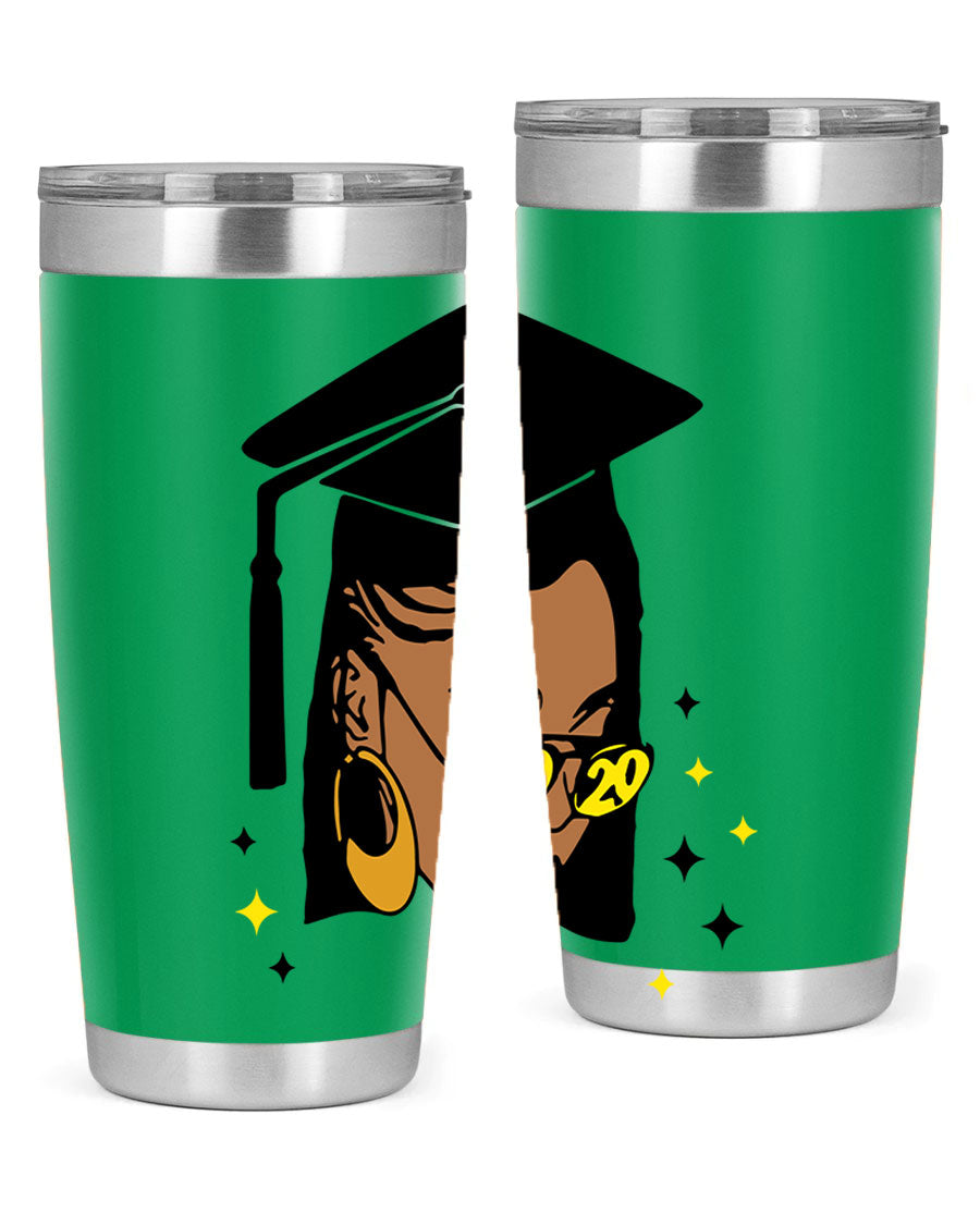 Black women queen tumbler in 20oz and 30oz sizes, showcasing double wall vacuum stainless steel design with vibrant print.