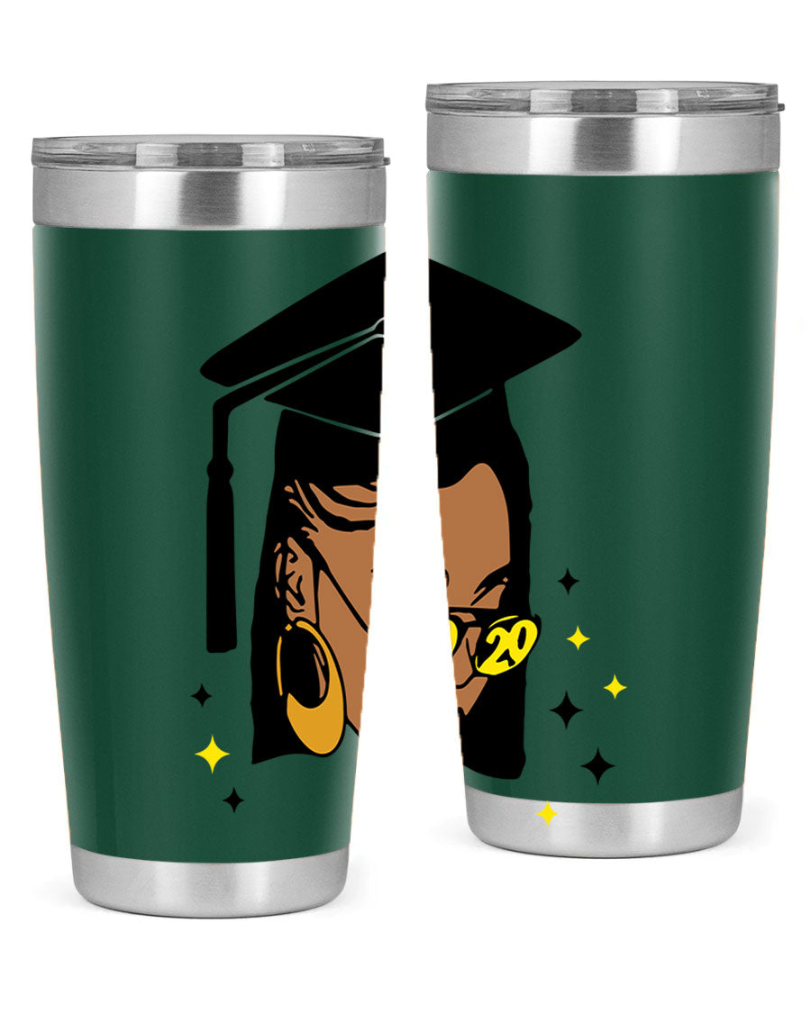 Black women queen tumbler in 20oz and 30oz sizes, showcasing double wall vacuum stainless steel design with vibrant print.