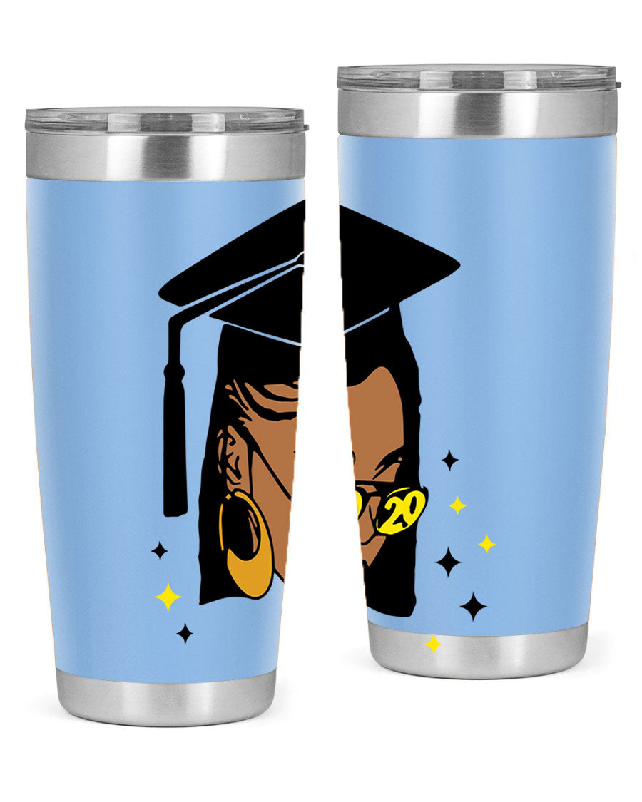 Black women queen tumbler in 20oz and 30oz sizes, showcasing double wall vacuum stainless steel design with vibrant print.