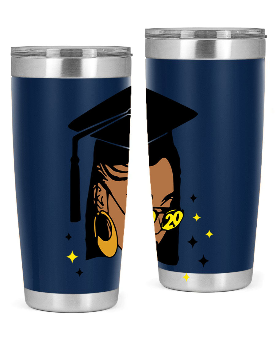 Black women queen tumbler in 20oz and 30oz sizes, showcasing double wall vacuum stainless steel design with vibrant print.