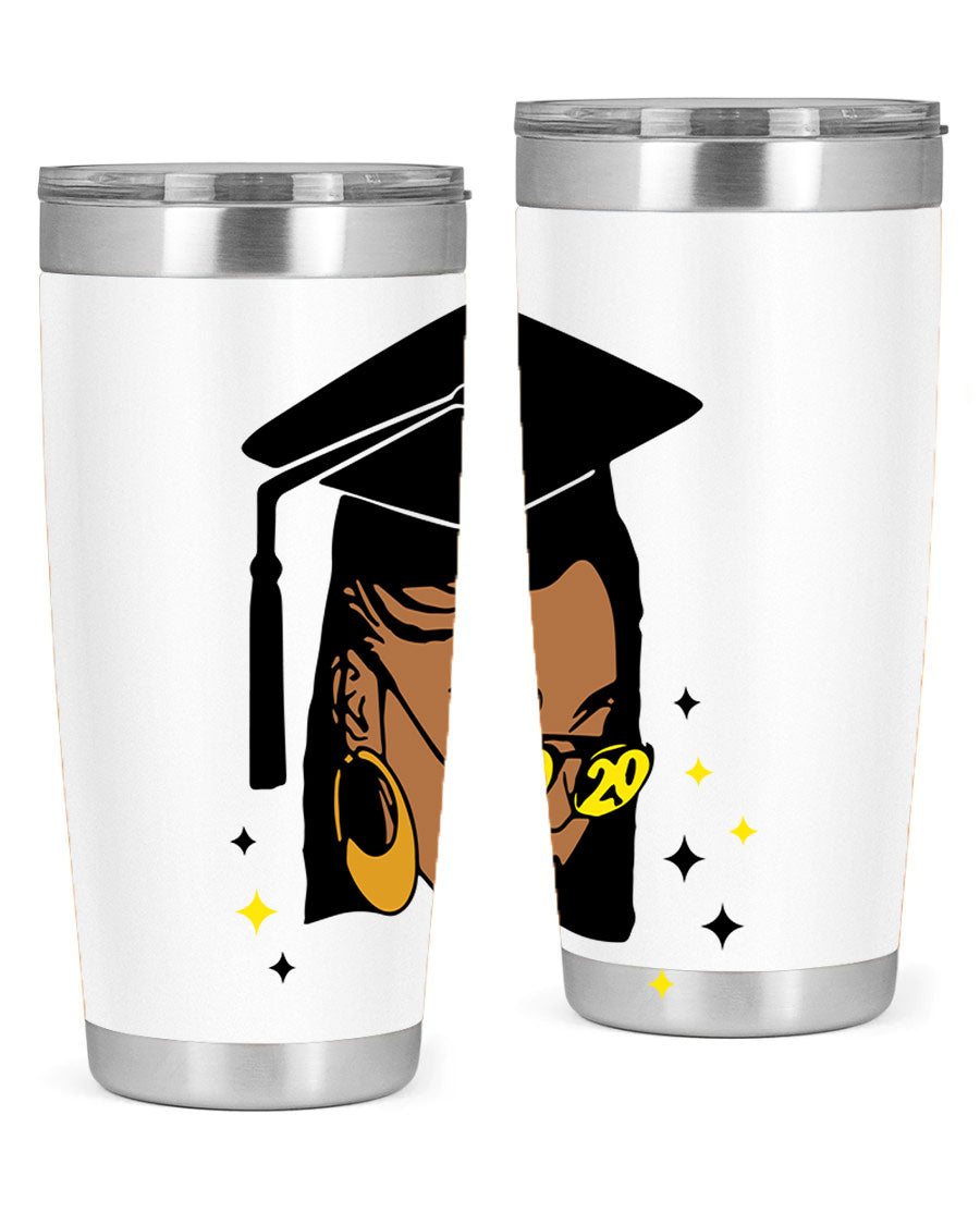 Black women queen tumbler in 20oz and 30oz sizes, showcasing double wall vacuum stainless steel design with vibrant print.