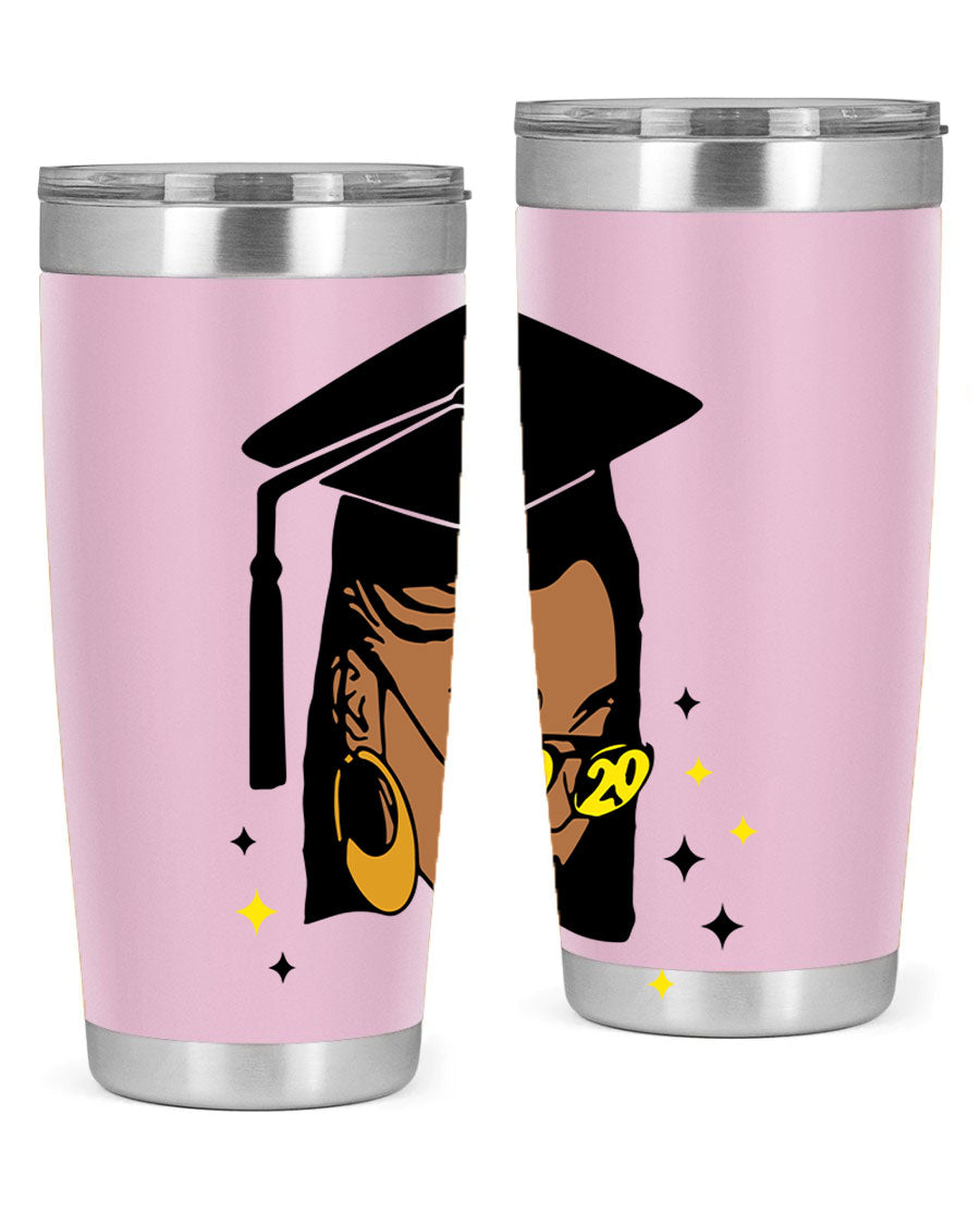 Black women queen tumbler in 20oz and 30oz sizes, showcasing double wall vacuum stainless steel design with vibrant print.