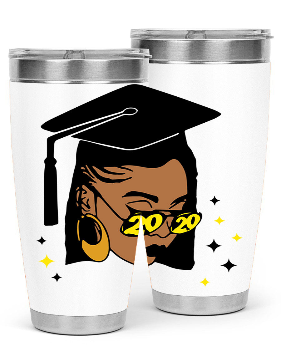 Black women queen tumbler in 20oz and 30oz sizes, showcasing double wall vacuum stainless steel design with vibrant print.