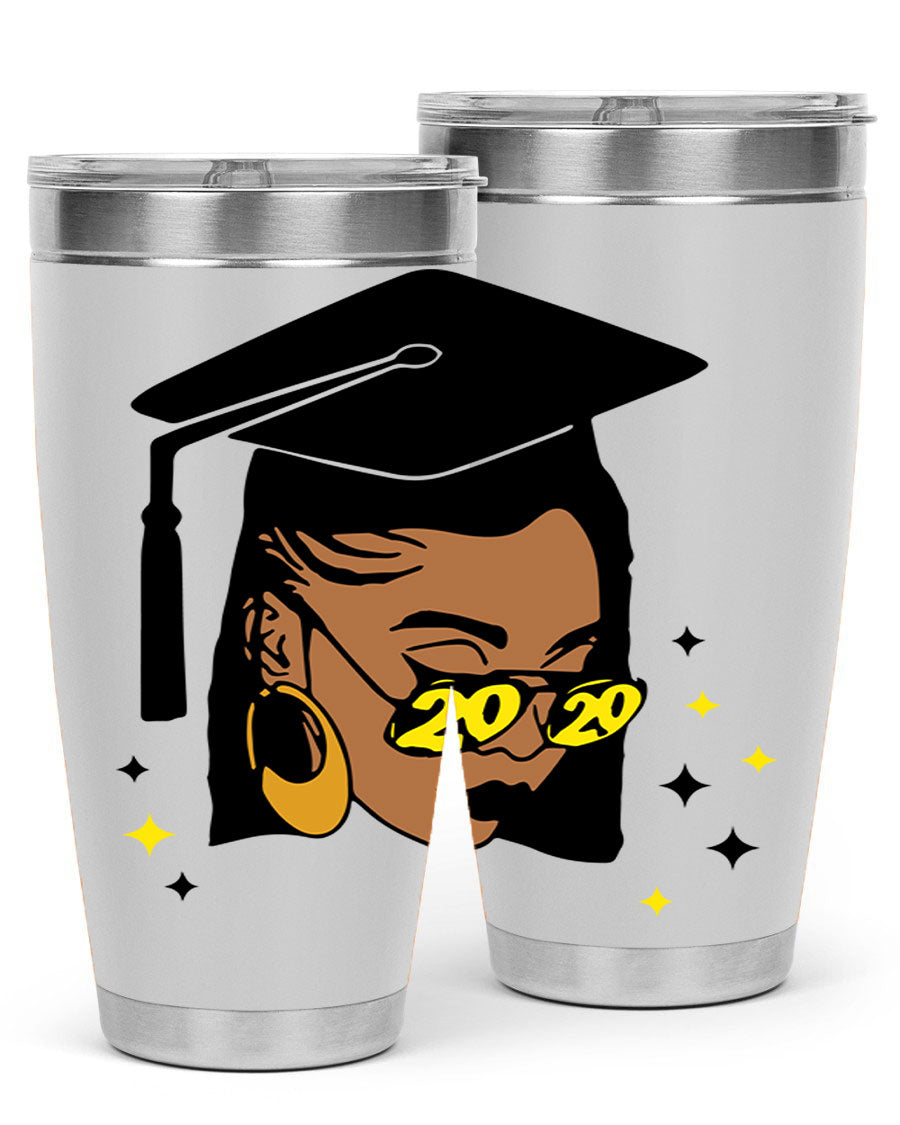 Black women queen tumbler in 20oz and 30oz sizes, showcasing double wall vacuum stainless steel design with vibrant print.