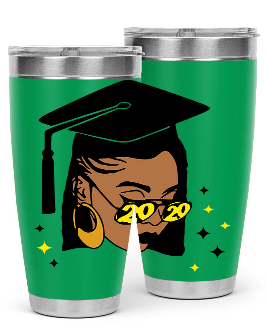 Black women queen tumbler in 20oz and 30oz sizes, showcasing double wall vacuum stainless steel design with vibrant print.