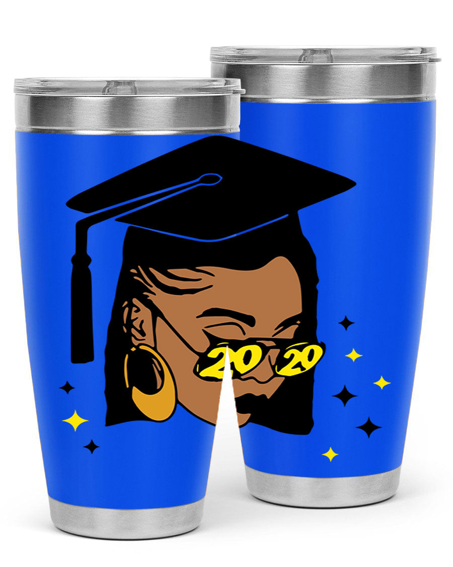 Black women queen tumbler in 20oz and 30oz sizes, showcasing double wall vacuum stainless steel design with vibrant print.