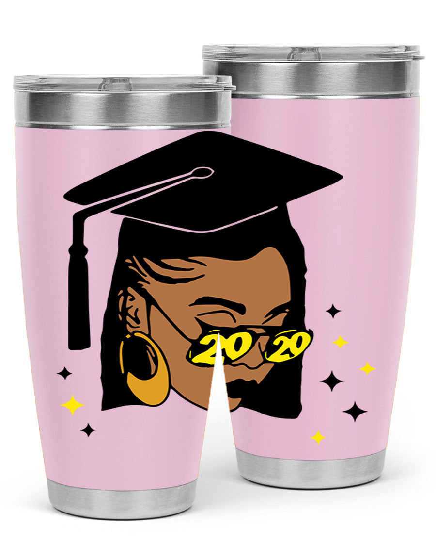 Black women queen tumbler in 20oz and 30oz sizes, showcasing double wall vacuum stainless steel design with vibrant print.