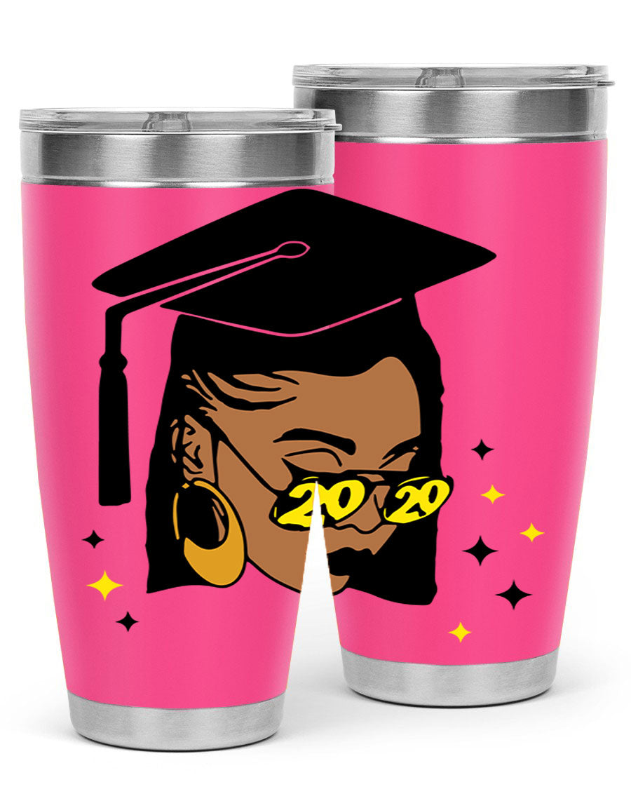 Black women queen tumbler in 20oz and 30oz sizes, showcasing double wall vacuum stainless steel design with vibrant print.