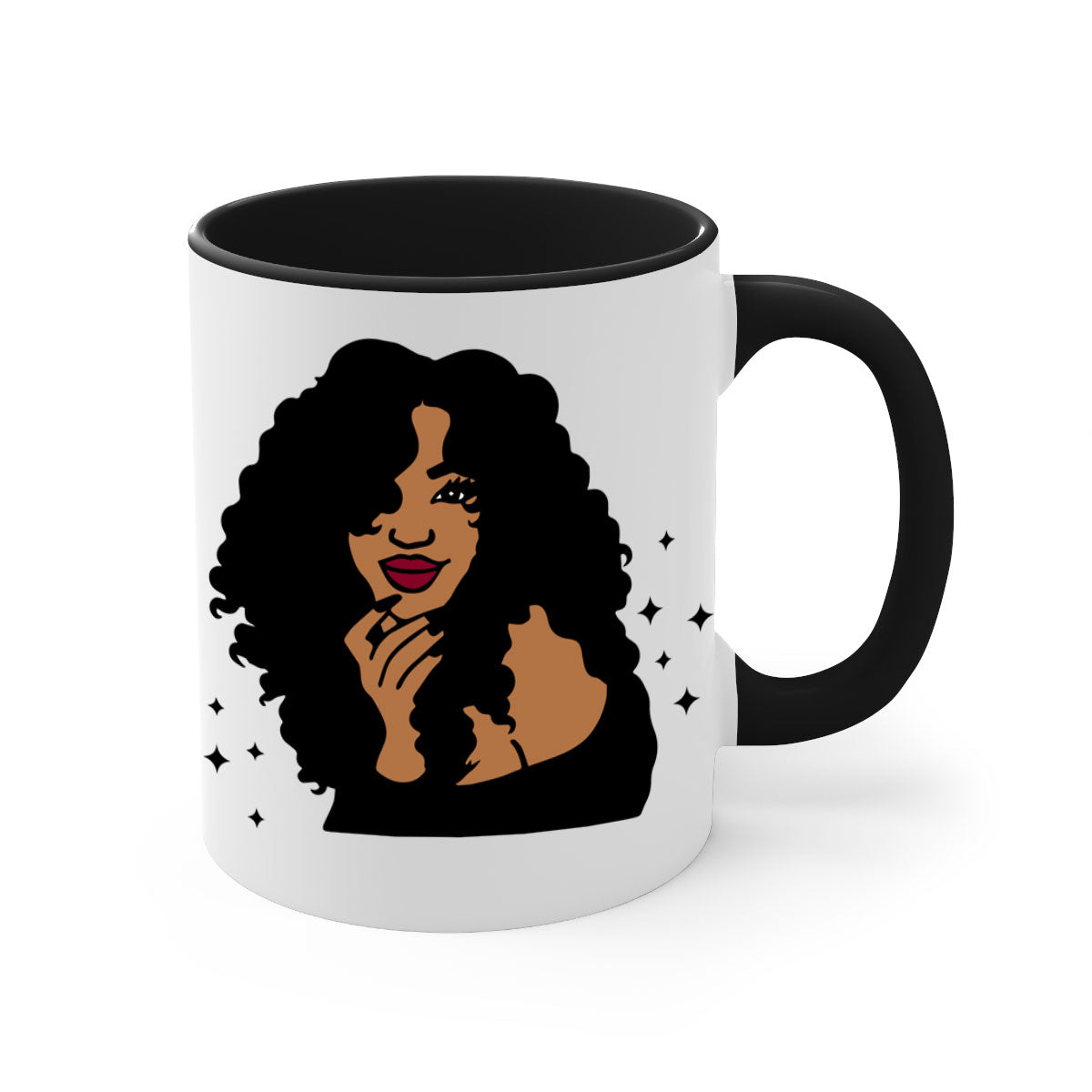 Black Women - Queen Mug with colorful handle and glossy finish, available in multiple colors and sizes.