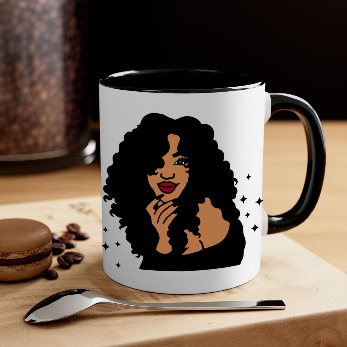 Black Women - Queen Mug with colorful handle and glossy finish, available in multiple colors and sizes.