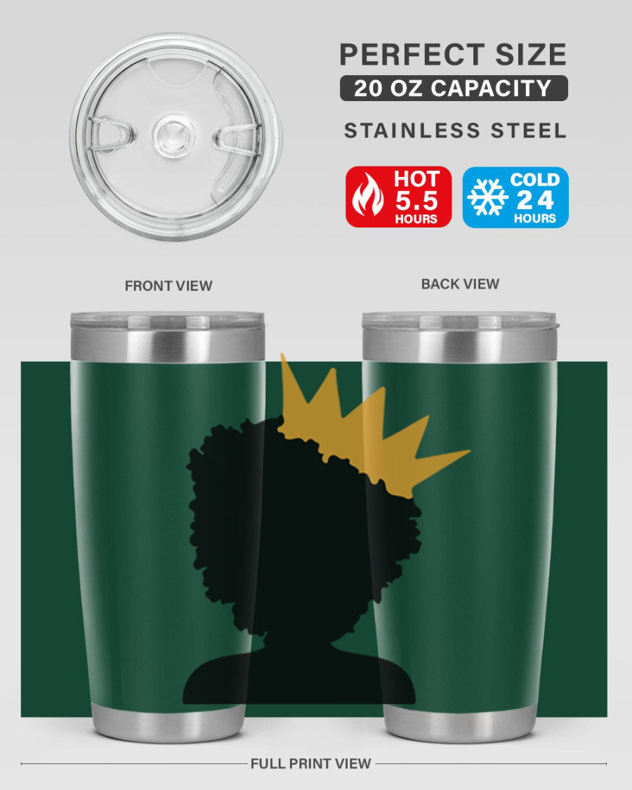 Black Women - Queen 20oz and 30oz Tumblers showcasing double wall vacuum stainless steel design with elegant prints celebrating black women.