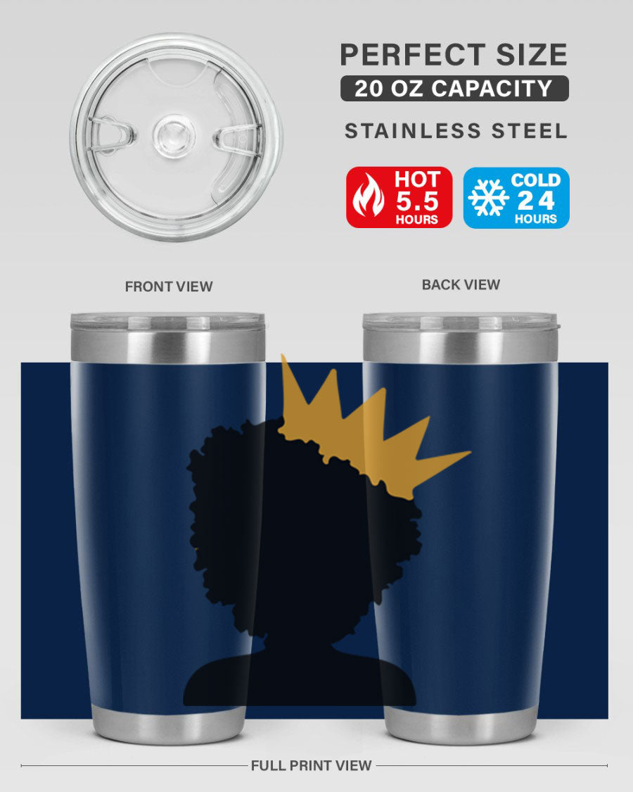 Black Women - Queen 20oz and 30oz Tumblers showcasing double wall vacuum stainless steel design with elegant prints celebrating black women.