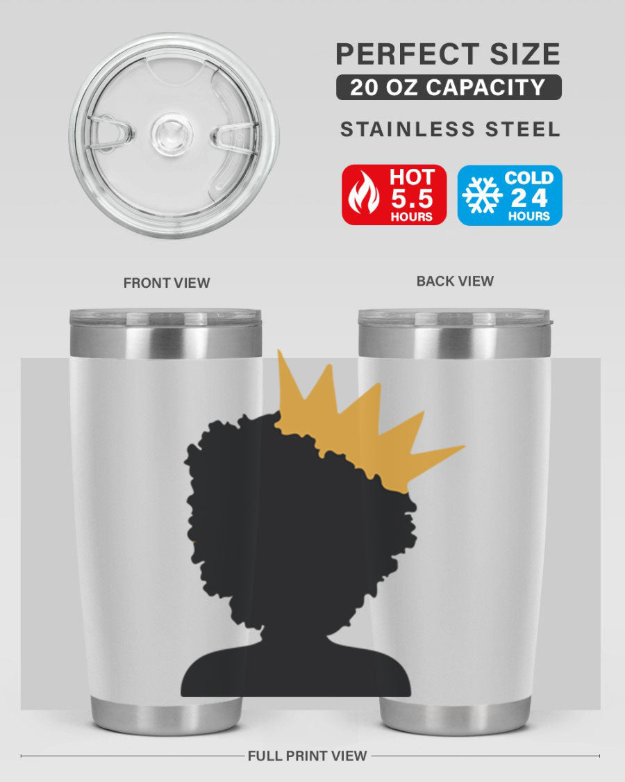 Black Women - Queen 20oz and 30oz Tumblers showcasing double wall vacuum stainless steel design with elegant prints celebrating black women.