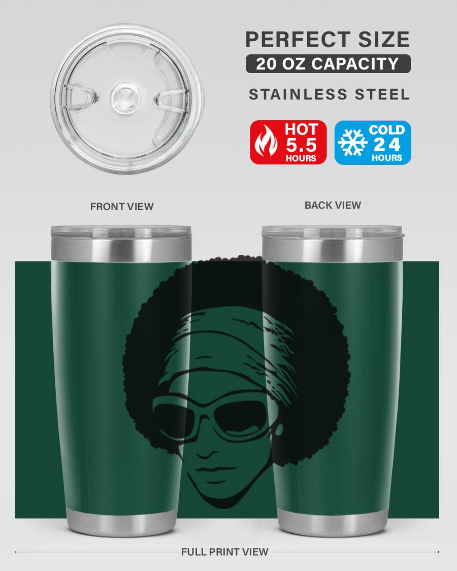 Black women queen tumbler in 20oz and 30oz sizes, showcasing a stylish design with double wall vacuum stainless steel and a drink-thru lid.