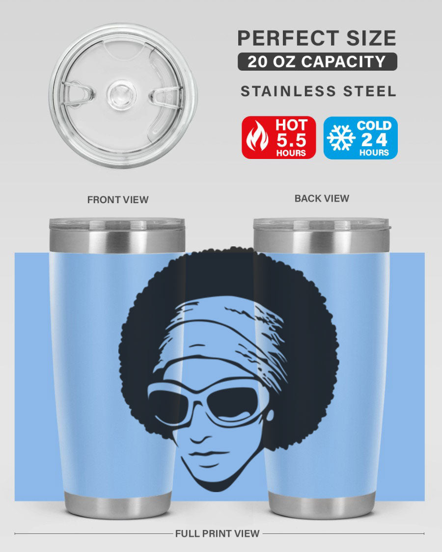 Black women queen tumbler in 20oz and 30oz sizes, showcasing a stylish design with double wall vacuum stainless steel and a drink-thru lid.