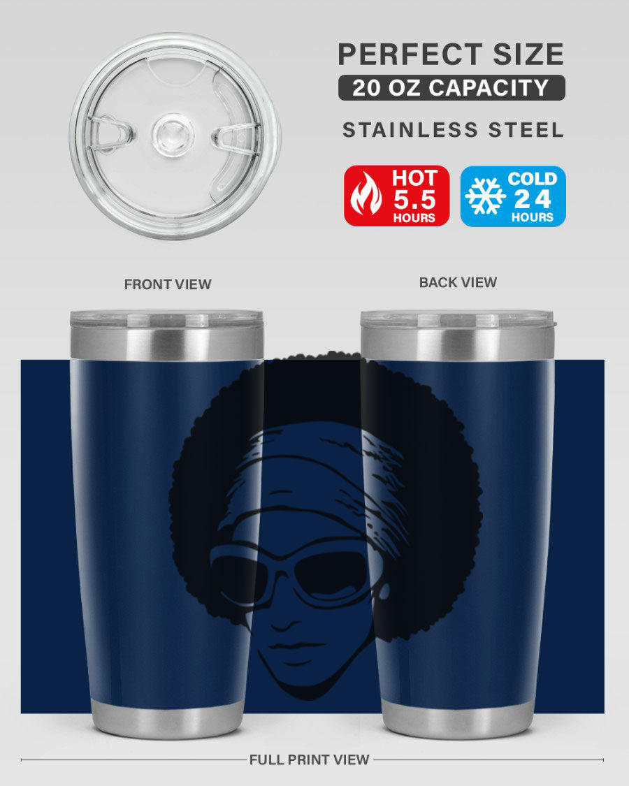 Black women queen tumbler in 20oz and 30oz sizes, showcasing a stylish design with double wall vacuum stainless steel and a drink-thru lid.