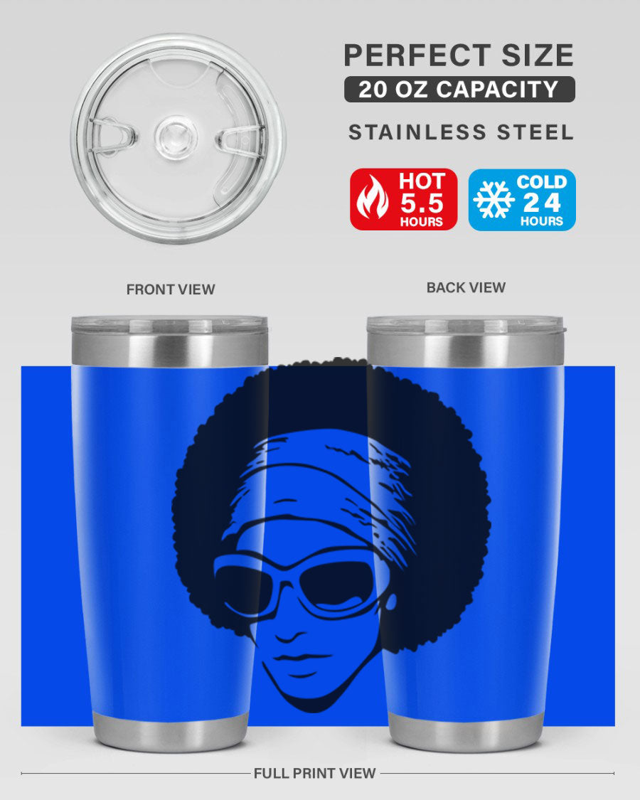 Black women queen tumbler in 20oz and 30oz sizes, showcasing a stylish design with double wall vacuum stainless steel and a drink-thru lid.