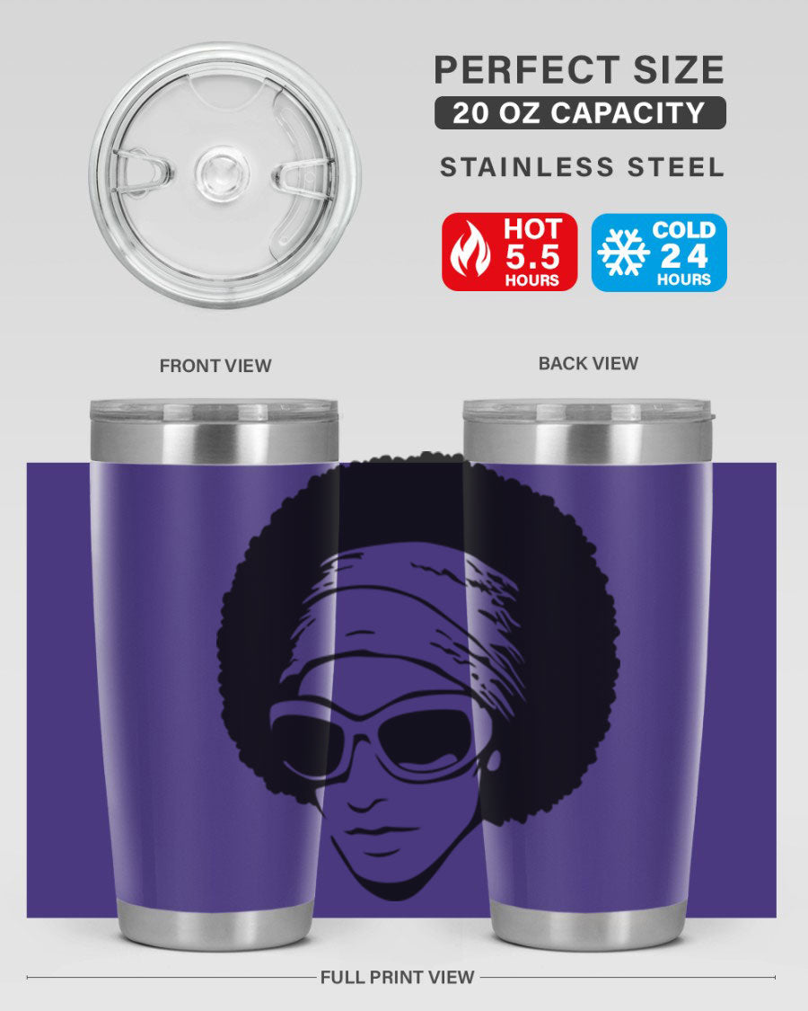 Black women queen tumbler in 20oz and 30oz sizes, showcasing a stylish design with double wall vacuum stainless steel and a drink-thru lid.