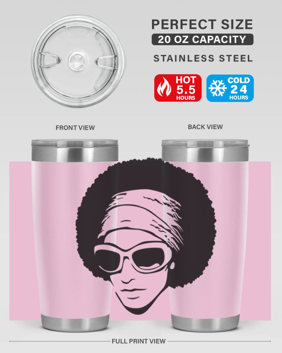 Black women queen tumbler in 20oz and 30oz sizes, showcasing a stylish design with double wall vacuum stainless steel and a drink-thru lid.