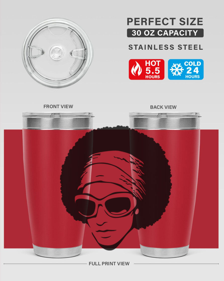 Black women queen tumbler in 20oz and 30oz sizes, showcasing a stylish design with double wall vacuum stainless steel and a drink-thru lid.