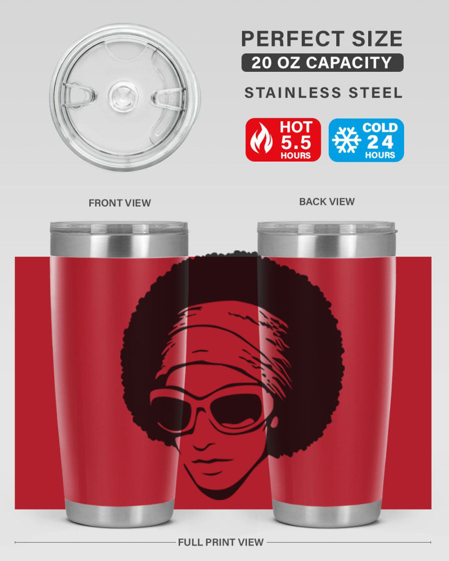 Black women queen tumbler in 20oz and 30oz sizes, showcasing a stylish design with double wall vacuum stainless steel and a drink-thru lid.