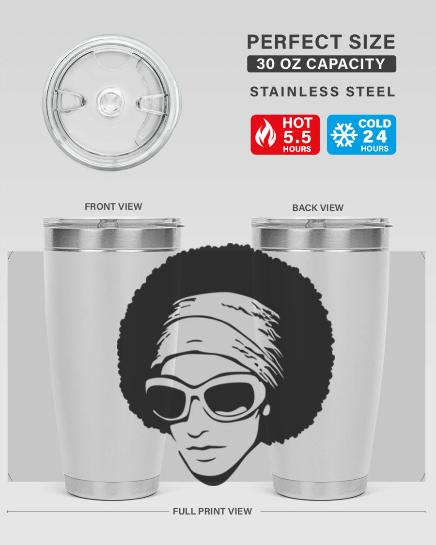 Black women queen tumbler in 20oz and 30oz sizes, showcasing a stylish design with double wall vacuum stainless steel and a drink-thru lid.