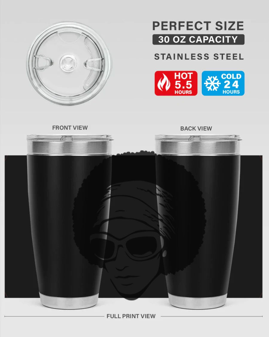 Black women queen tumbler in 20oz and 30oz sizes, showcasing a stylish design with double wall vacuum stainless steel and a drink-thru lid.