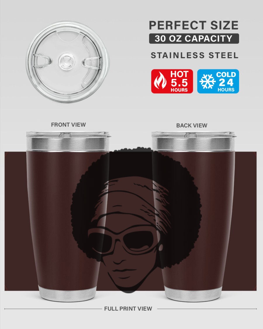 Black women queen tumbler in 20oz and 30oz sizes, showcasing a stylish design with double wall vacuum stainless steel and a drink-thru lid.