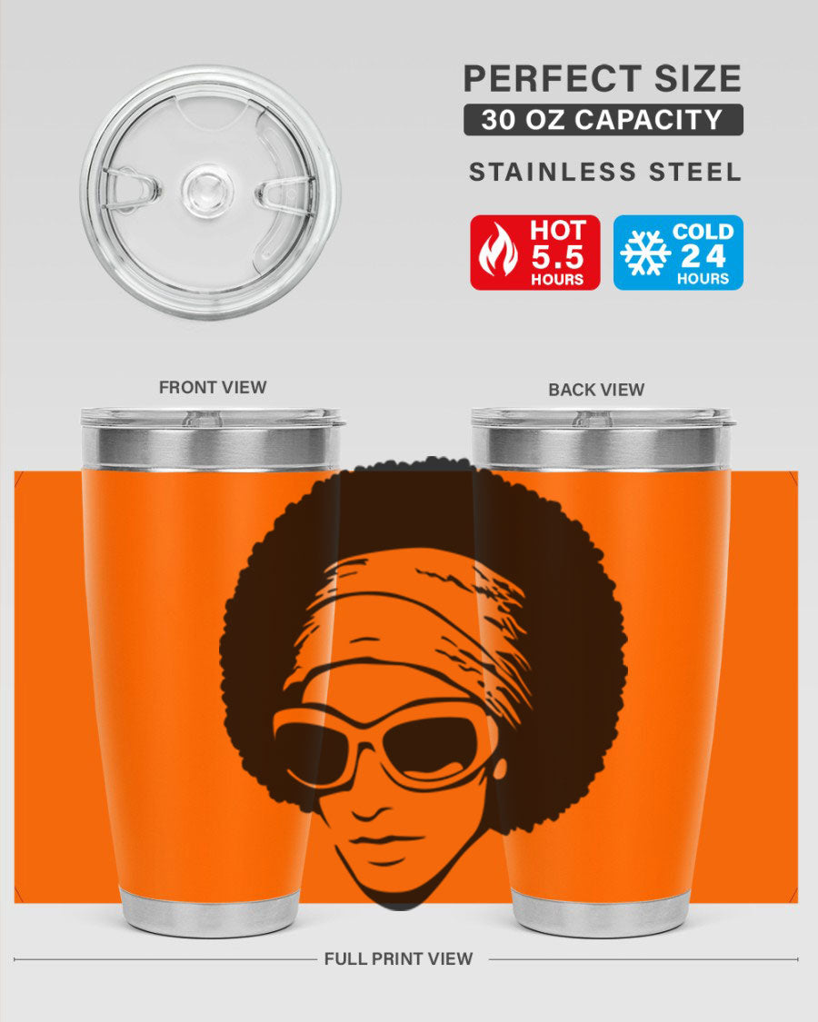 Black women queen tumbler in 20oz and 30oz sizes, showcasing a stylish design with double wall vacuum stainless steel and a drink-thru lid.