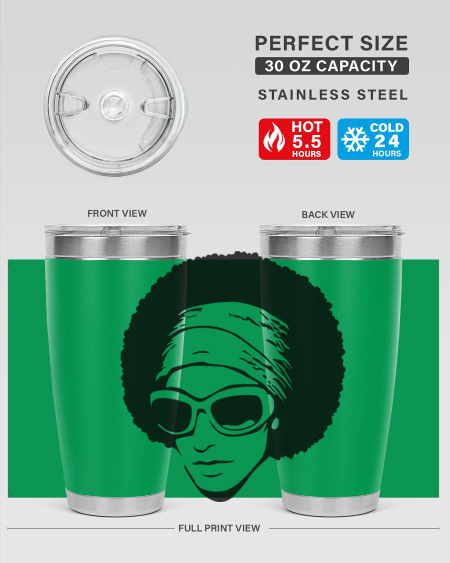 Black women queen tumbler in 20oz and 30oz sizes, showcasing a stylish design with double wall vacuum stainless steel and a drink-thru lid.