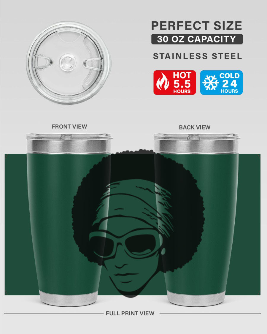 Black women queen tumbler in 20oz and 30oz sizes, showcasing a stylish design with double wall vacuum stainless steel and a drink-thru lid.