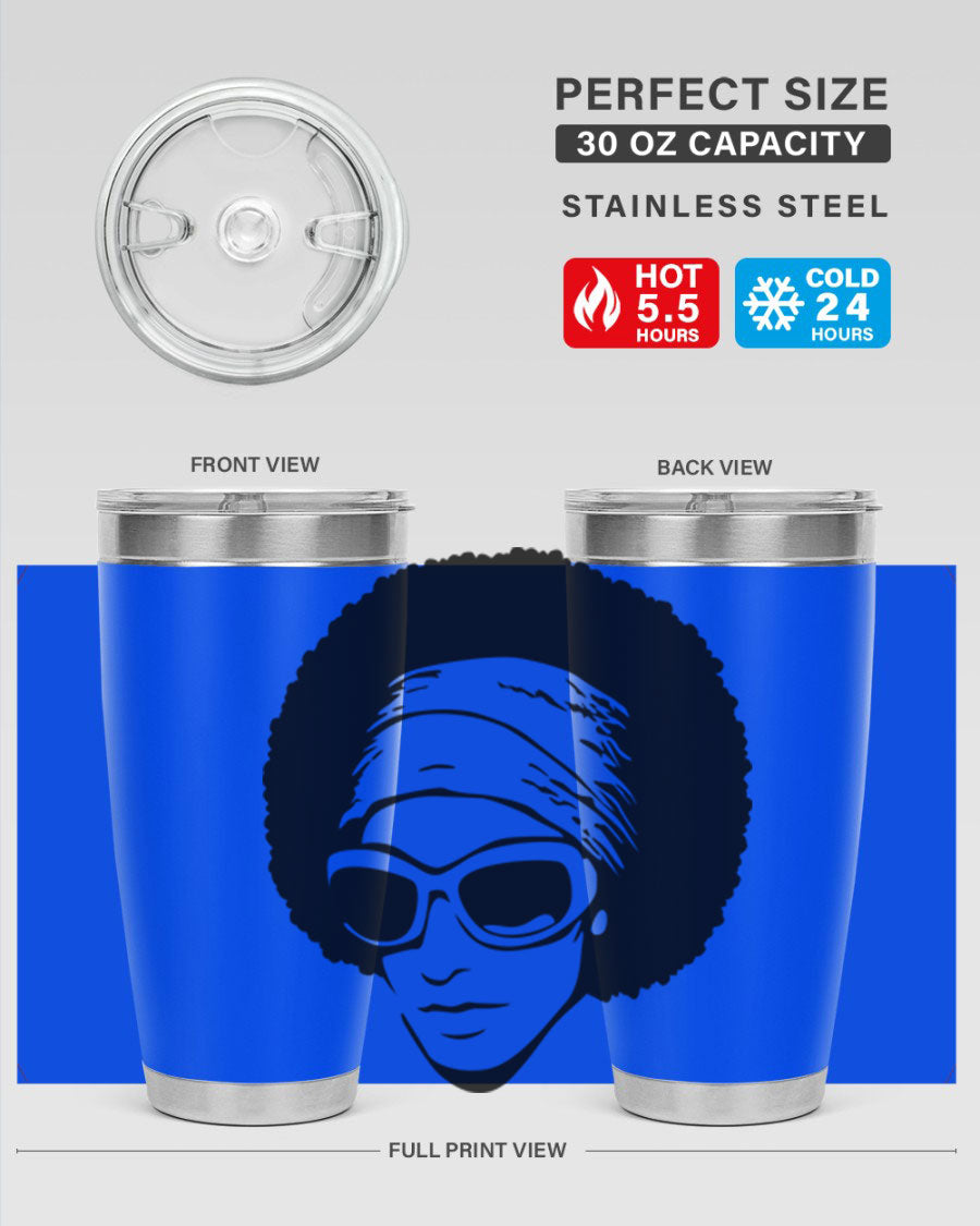 Black women queen tumbler in 20oz and 30oz sizes, showcasing a stylish design with double wall vacuum stainless steel and a drink-thru lid.