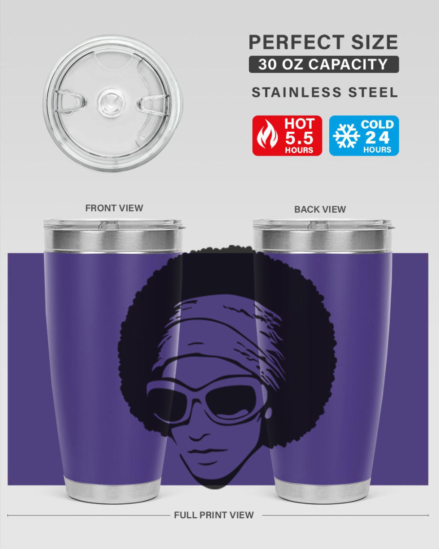 Black women queen tumbler in 20oz and 30oz sizes, showcasing a stylish design with double wall vacuum stainless steel and a drink-thru lid.