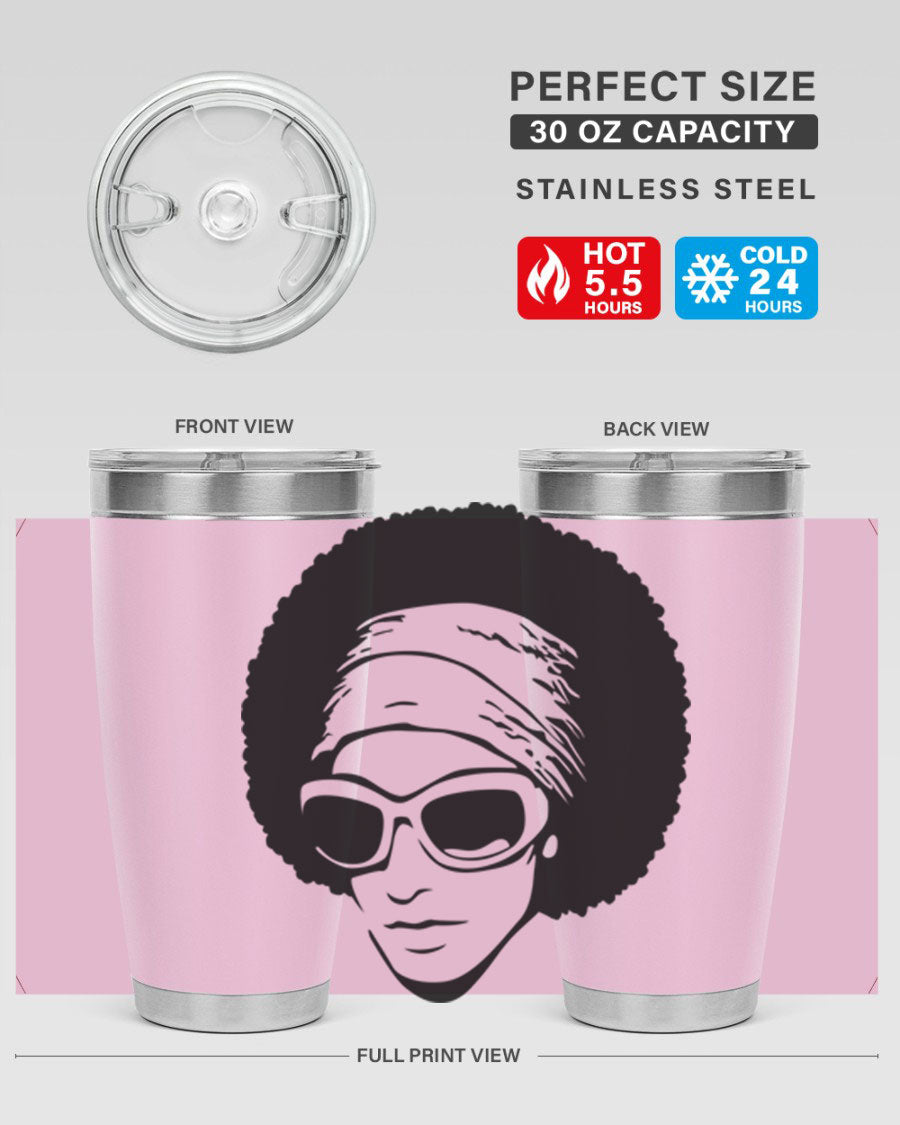 Black women queen tumbler in 20oz and 30oz sizes, showcasing a stylish design with double wall vacuum stainless steel and a drink-thru lid.