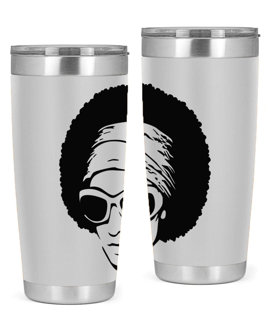 Black women queen tumbler in 20oz and 30oz sizes, showcasing a stylish design with double wall vacuum stainless steel and a drink-thru lid.