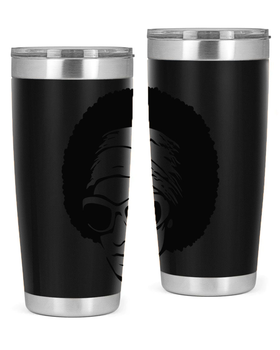 Black women queen tumbler in 20oz and 30oz sizes, showcasing a stylish design with double wall vacuum stainless steel and a drink-thru lid.