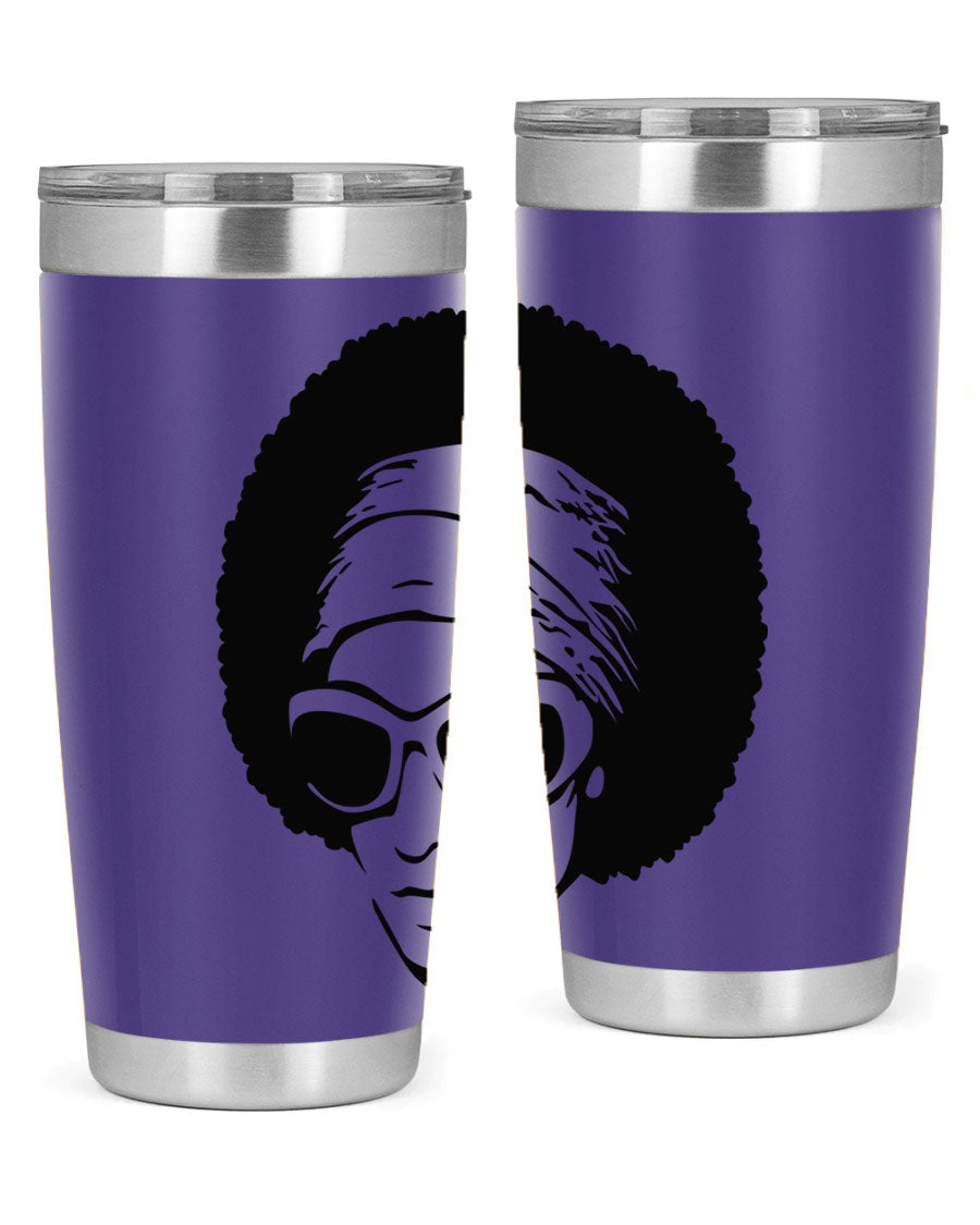 Black women queen tumbler in 20oz and 30oz sizes, showcasing a stylish design with double wall vacuum stainless steel and a drink-thru lid.